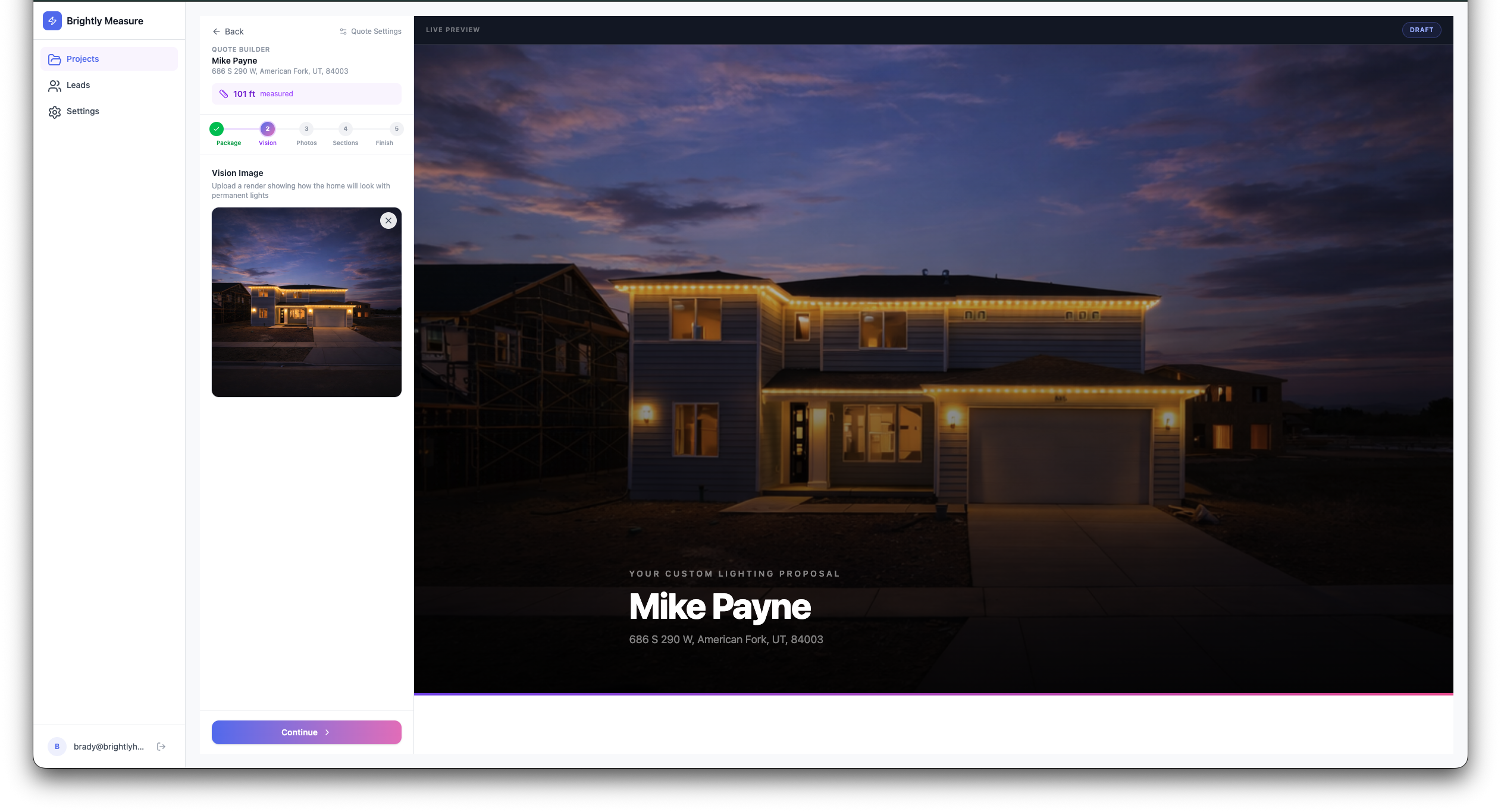 Quote builder with package tiers and live branded preview